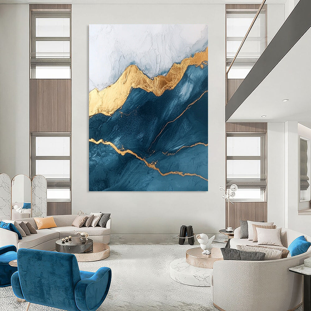Contemporary abstract art featuring marble texture and rounded edges adorned with golden lines in a dark blue and white mountain peak theme. DLZ1591