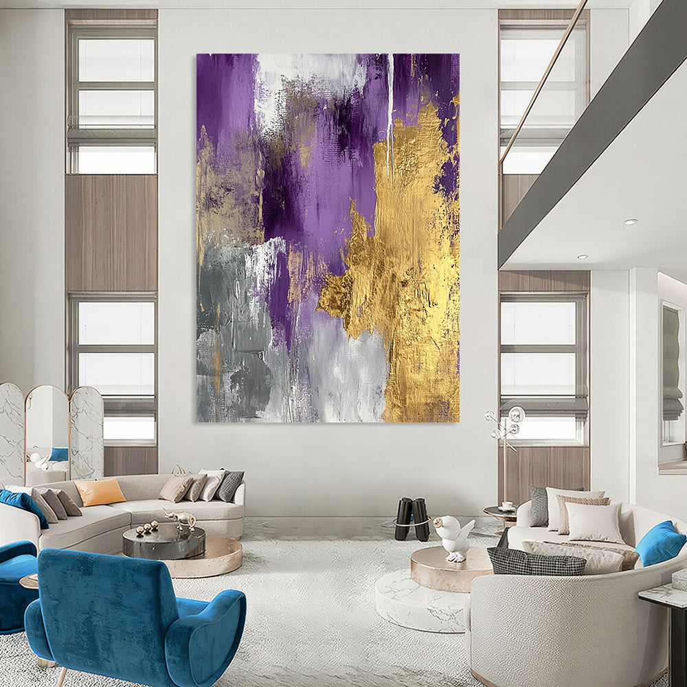 Contemporary hand-painted abstract art features gold and silver foil on a lilac palette, creating elegance and serene sophistication with metallic accents. DLZ0275