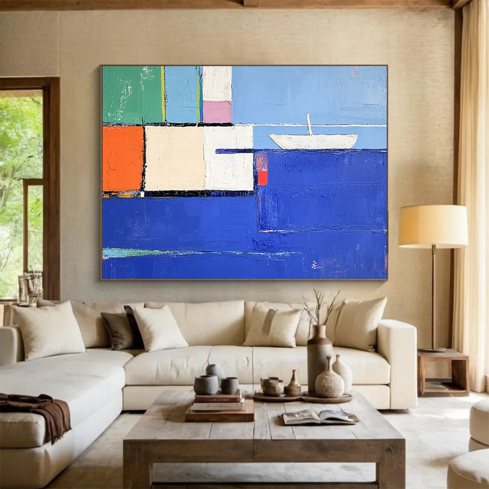 “Colorful Coastal Cubes” - Blue, Green, Orange, Pink, Abstract Cubist Coastal Painting On Canvas HB1075