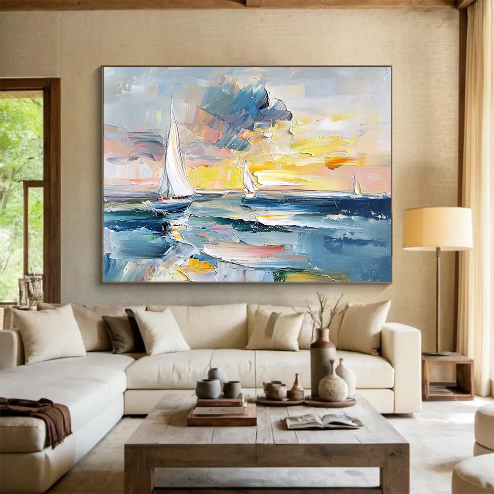 “Colorful Sailboat Sunset” - Blues, Yellows, Oranges, Abstract Sailboat Scene - Impasto Oil Painting HB1722
