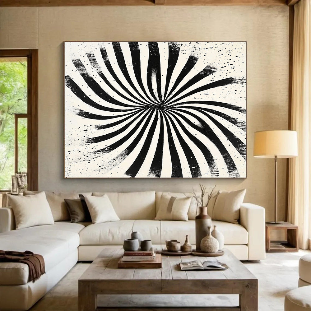 Black and White Radial Stripes "Optical Burst" Painting On Canvas HB283