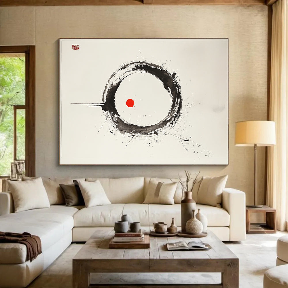 Black, White and Red Circle "Vibrant Harmony" Painting On Canvas HB273