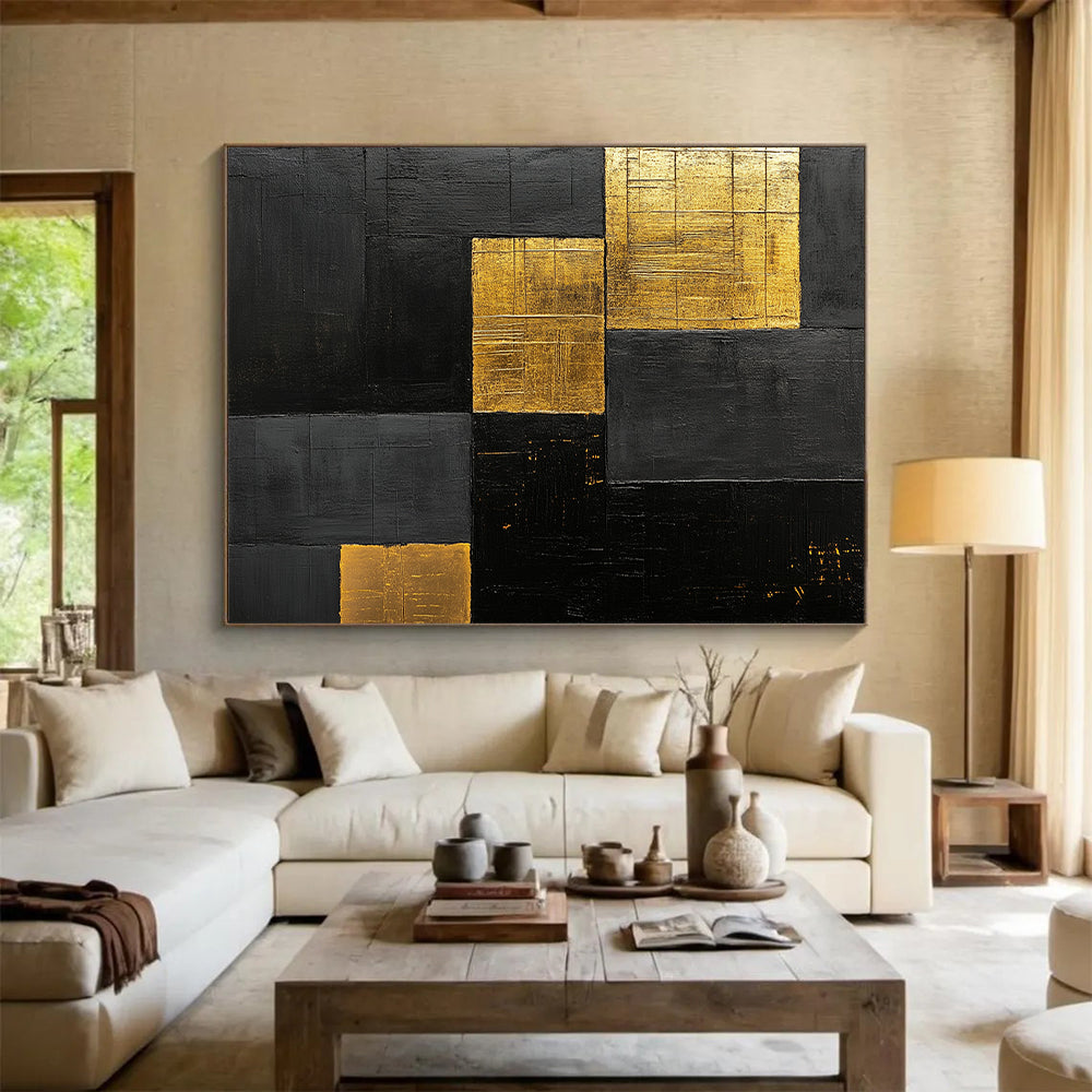 Black, Gold, Patchwork Squares "Gilded Night" Abstract Modernist Painting On Canvas HB155