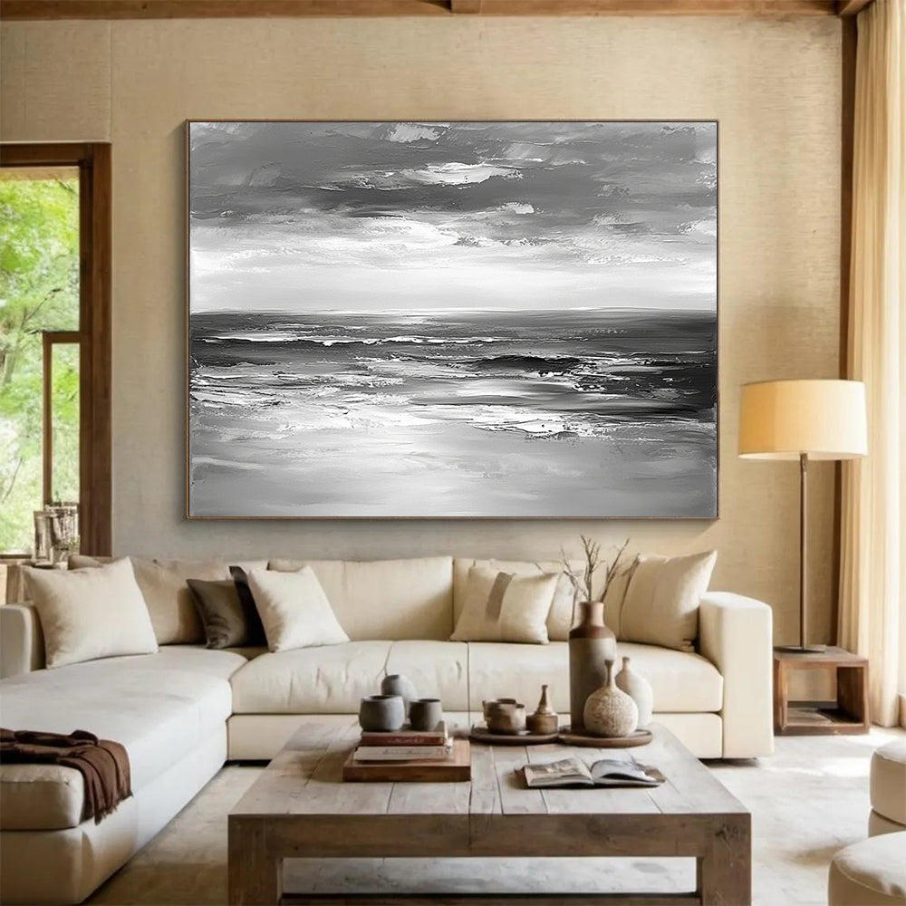 “Impasto Sea Waves in Gray” - Gray, White, Textured Sea Waves Painting On Canvas HB0801
