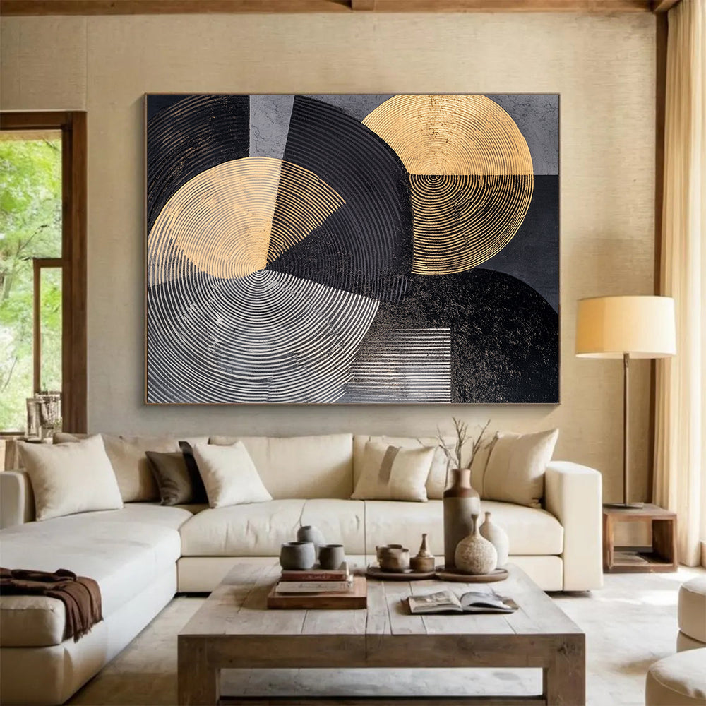 Gray, Black, Gold and Silver Geometric Abstraction "Elegant Geometry" Painting On Canvas HB385