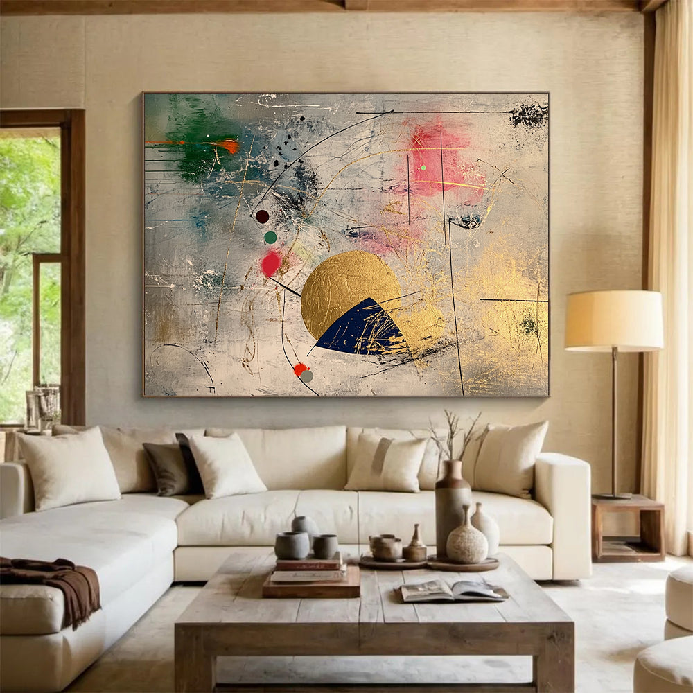 Gray, Gold, Pink, Blue, Abstract Shapes "Whimsical Fusion" Abstract Painting On Canvas HB032