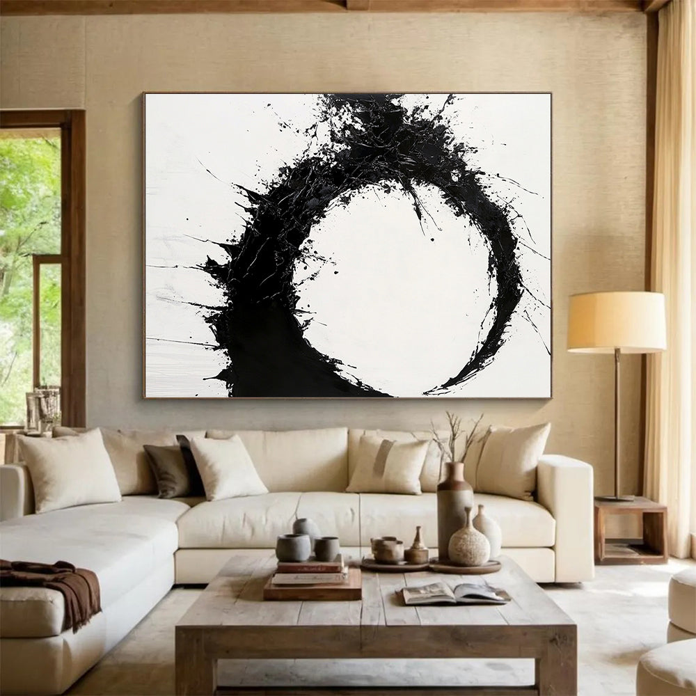 Black Splattered Circular Ink - “Dynamic Enso Energy” Painting On Canvas HB231
