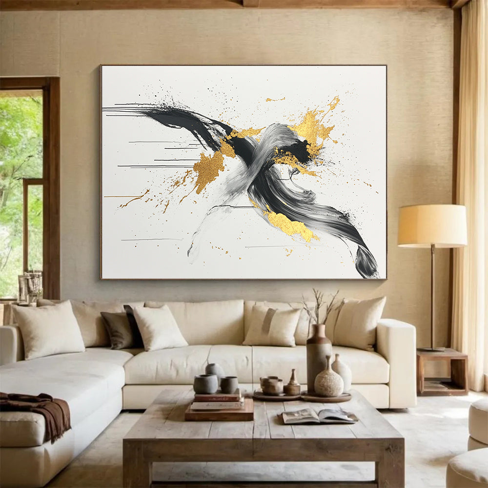 Black, White, Gold, Gray, Swirling Splashes "Gilded Chaos" Abstract Expressionist Painting On Canvas HB098