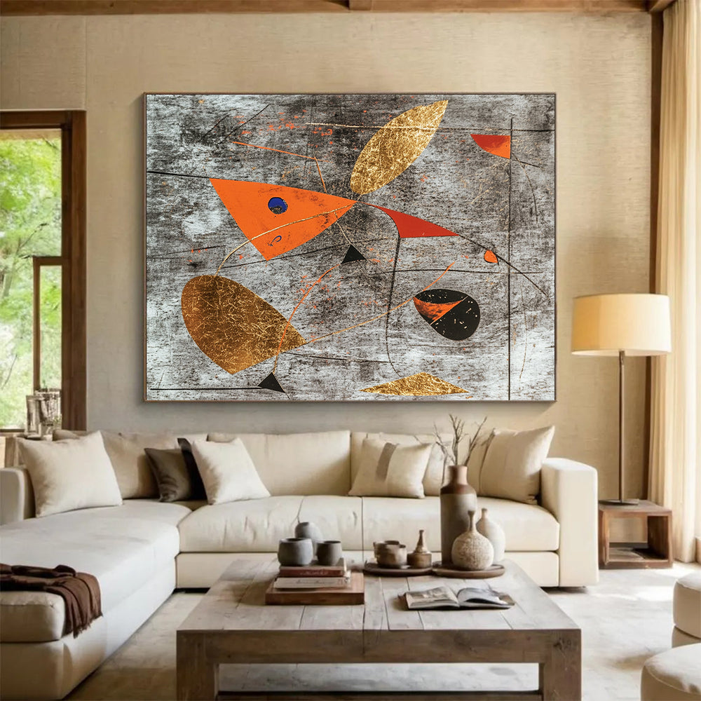 Gray, Black, Gold, Red and Orange Abstract Shapes "Dynamic Balance" Painting On Canvas HB336
