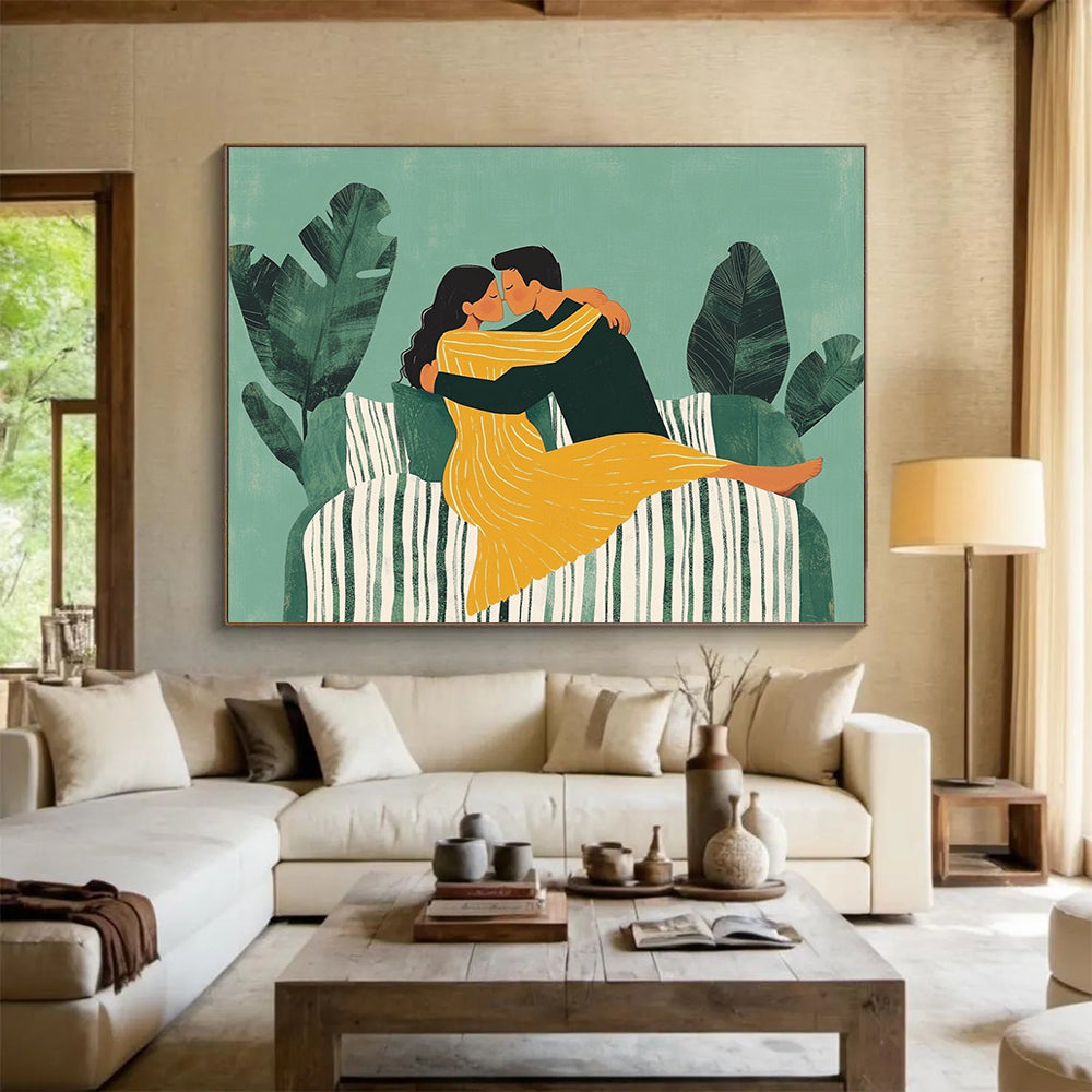 “Cozy Couples’ Embrace” - Greens, Yellows, Whites, Loving Illustration - Whimsical Wall Art HB1562