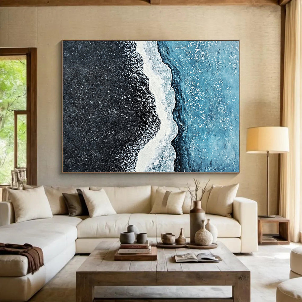 Black Beach with White Foam and Blue Sea - Coastal Abstract Painting On Canvas HB0486