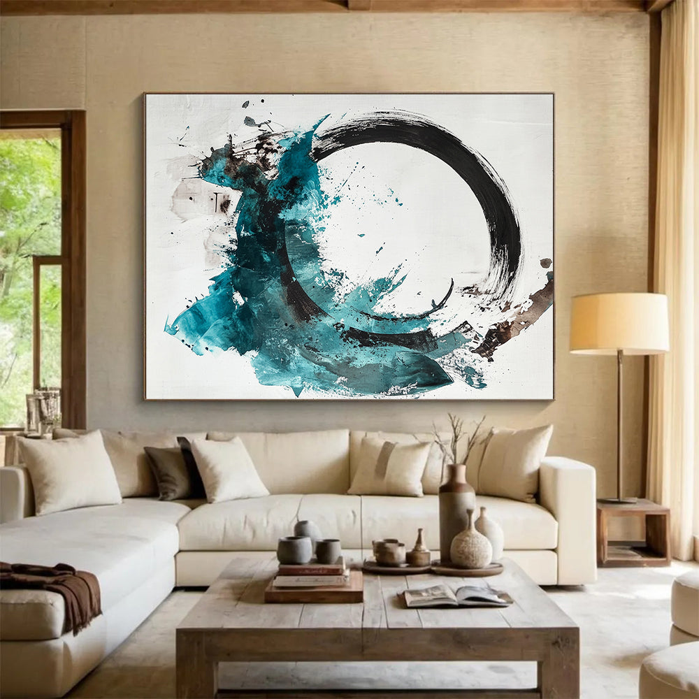 Black, White, Teal, Brown, Splattered Circle "Colorful Enso" Abstract Expressionist Painting On Canvas HB094