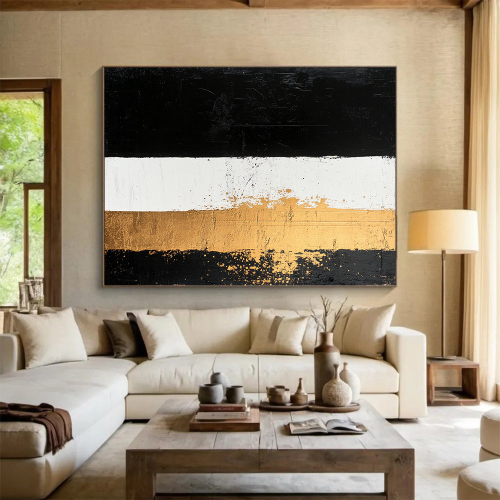 Black, White, Gold, Vertical Stripes "Timeless Contrast" Abstract Painting On Canvas HB038