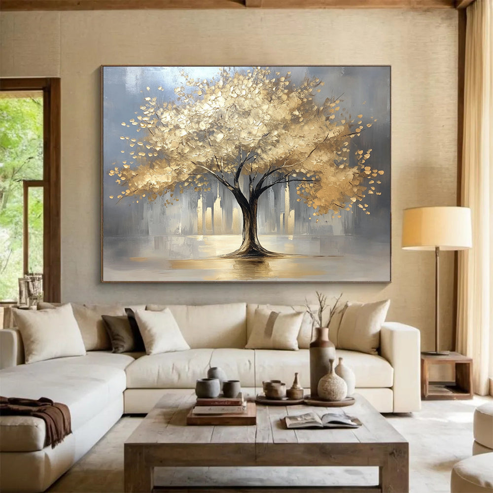 “Golden Tree in City” - Gray background, golden foliage, cityscape, Textured Tree Painting On Canvas HB0592