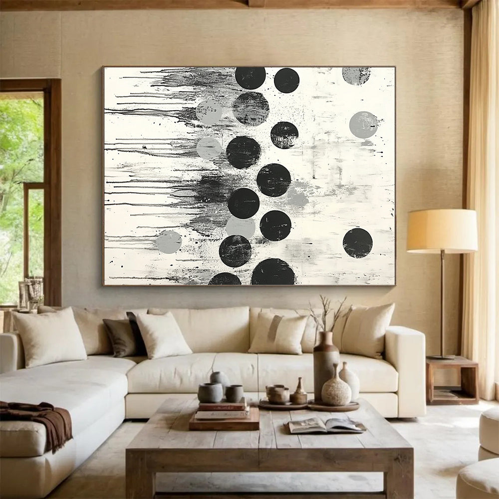 Black, Gray & White Dripping Dots - “Urban Raindrop Rhythm” Painting On Canvas HB191