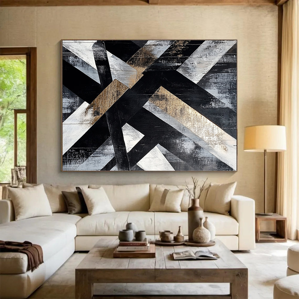 Gray, Black, White, Gold, Intertwined Stripes "Gilded Weave" Abstract Modernist Painting On Canvas HB078