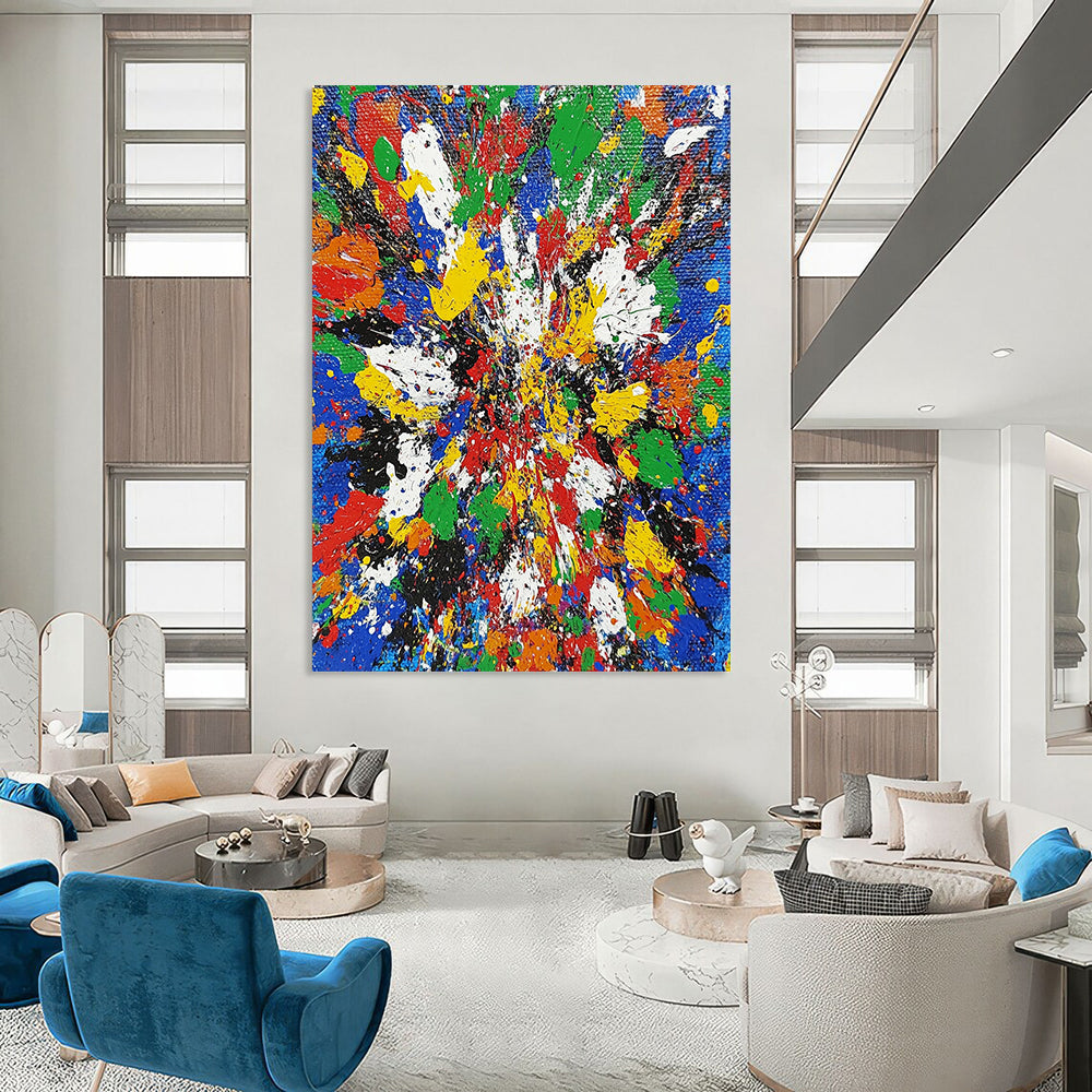 Vibrant contemporary abstract painting featuring chaotic splatters in bright primary colors showcasing dynamic brushstrokes and intricate textures. DLZ1407