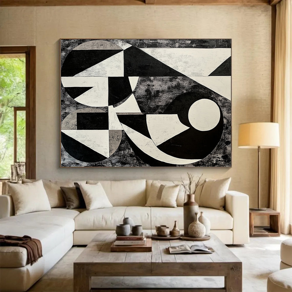 Black, White and Gray Geometric Abstraction "Monochrome Maze" Painting On Canvas HB392