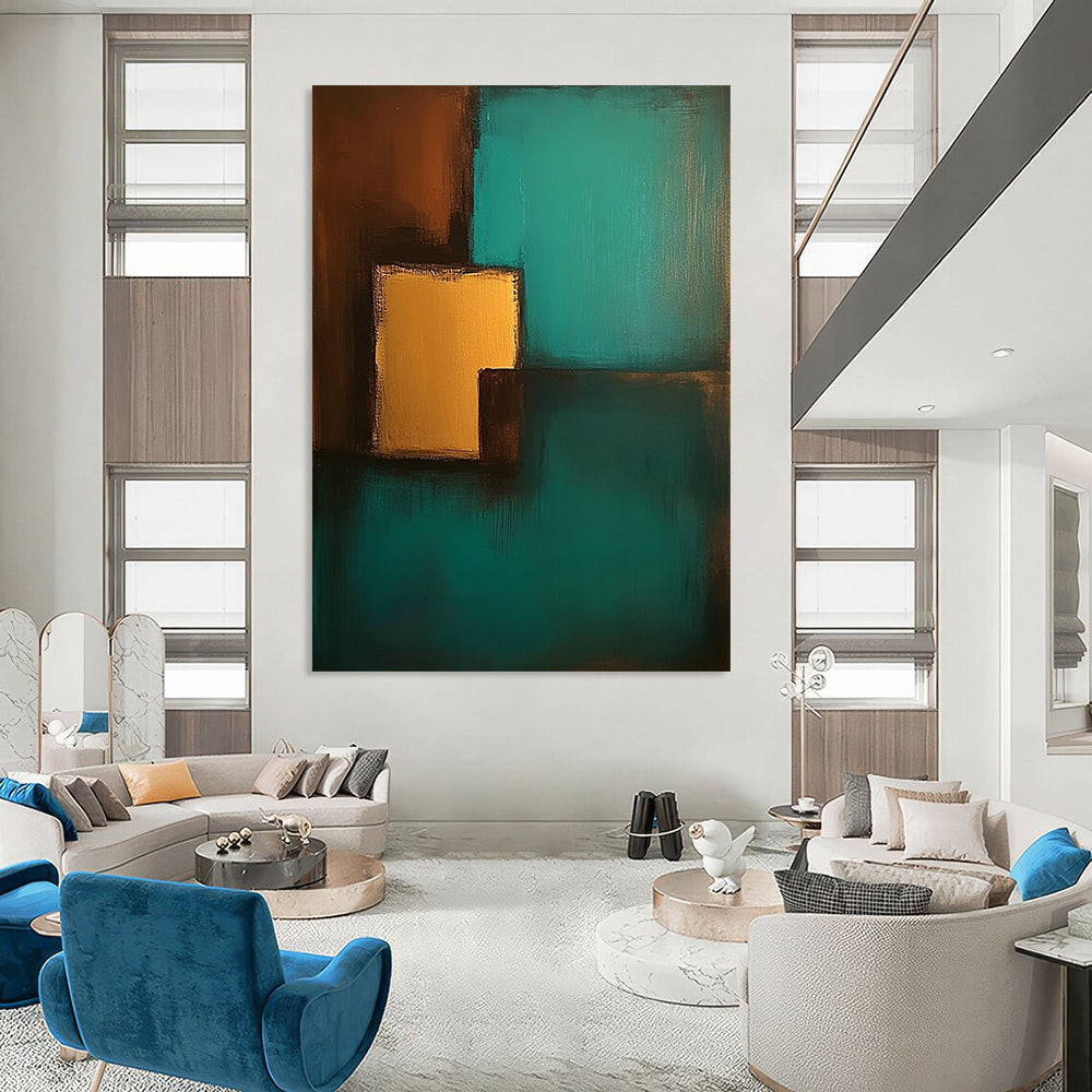 Contemporary hand-painted abstract art featuring teal and brown colors with simple shapes and low contrast for a soothing aesthetic. DLZ1065