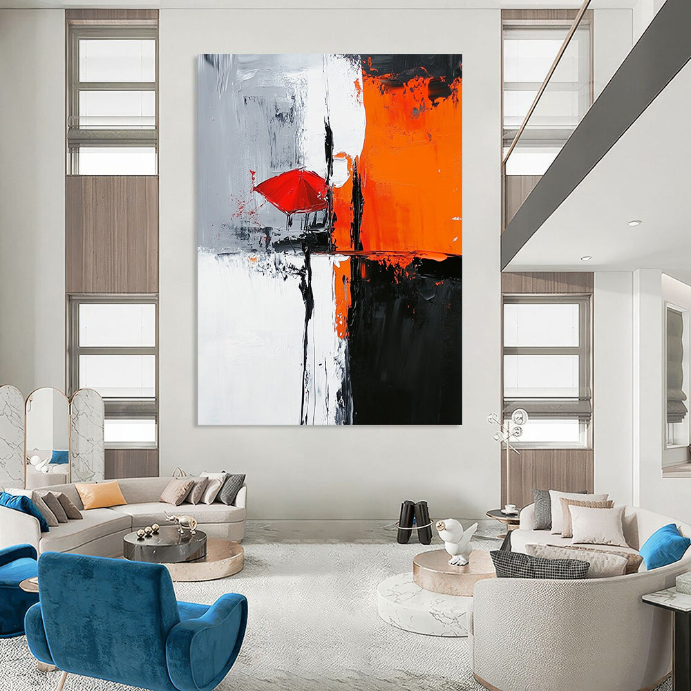 Contemporary abstract painting featuring bold black white orange hues with a gray background light gray red umbrella and chair in a hard-edge style. DLZ0324