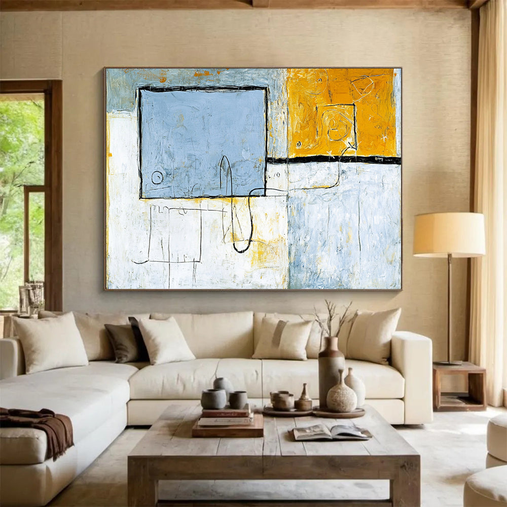 “Geometric Neutral Tones” - Blue, Yellow, Gray, Abstract Shapes - Modernist Acrylic Painting HB1510