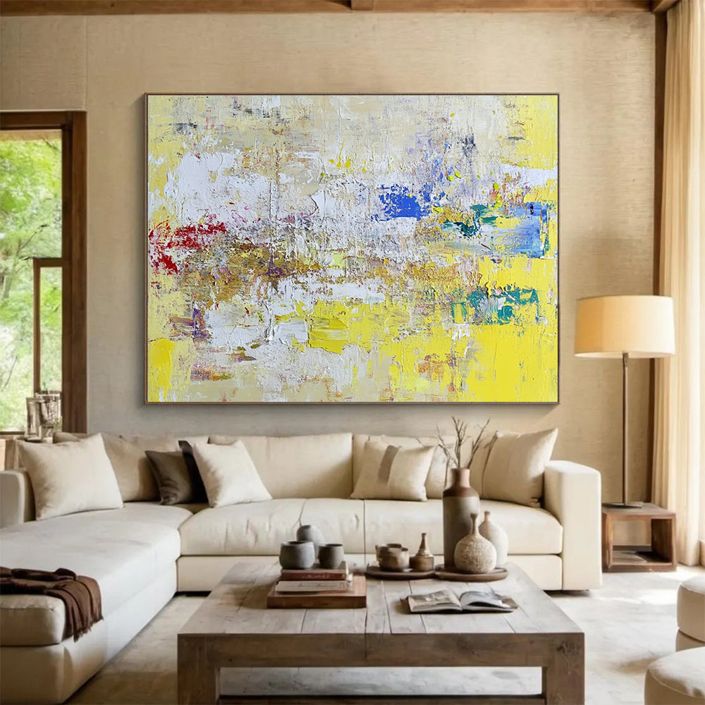 “Yellow - Based Abstract Textures” - Yellow, White, Colorful Splashes - Painting On Canvas HB1407