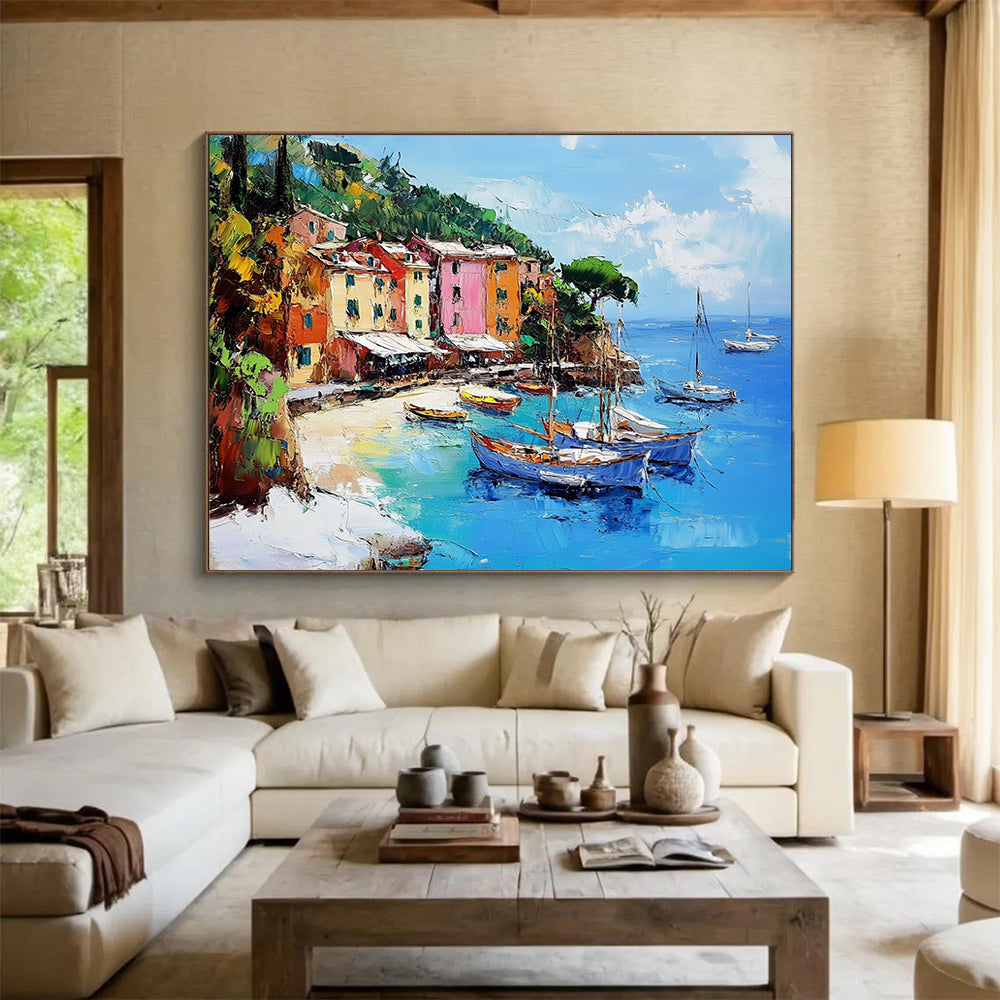 “Coastal Village Charm” - Vibrant Colors, Mediterranean Village by the Sea - Impasto Oil Painting HB1746