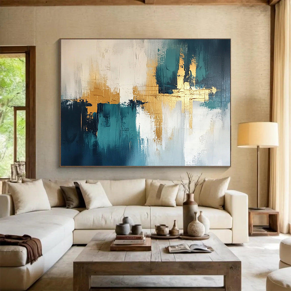 “Teal and Gold Geometric Abstract” - Teal, white, gray, gold; Geometric abstract with gold crosses; Acrylic Painting On Canvas HB1247