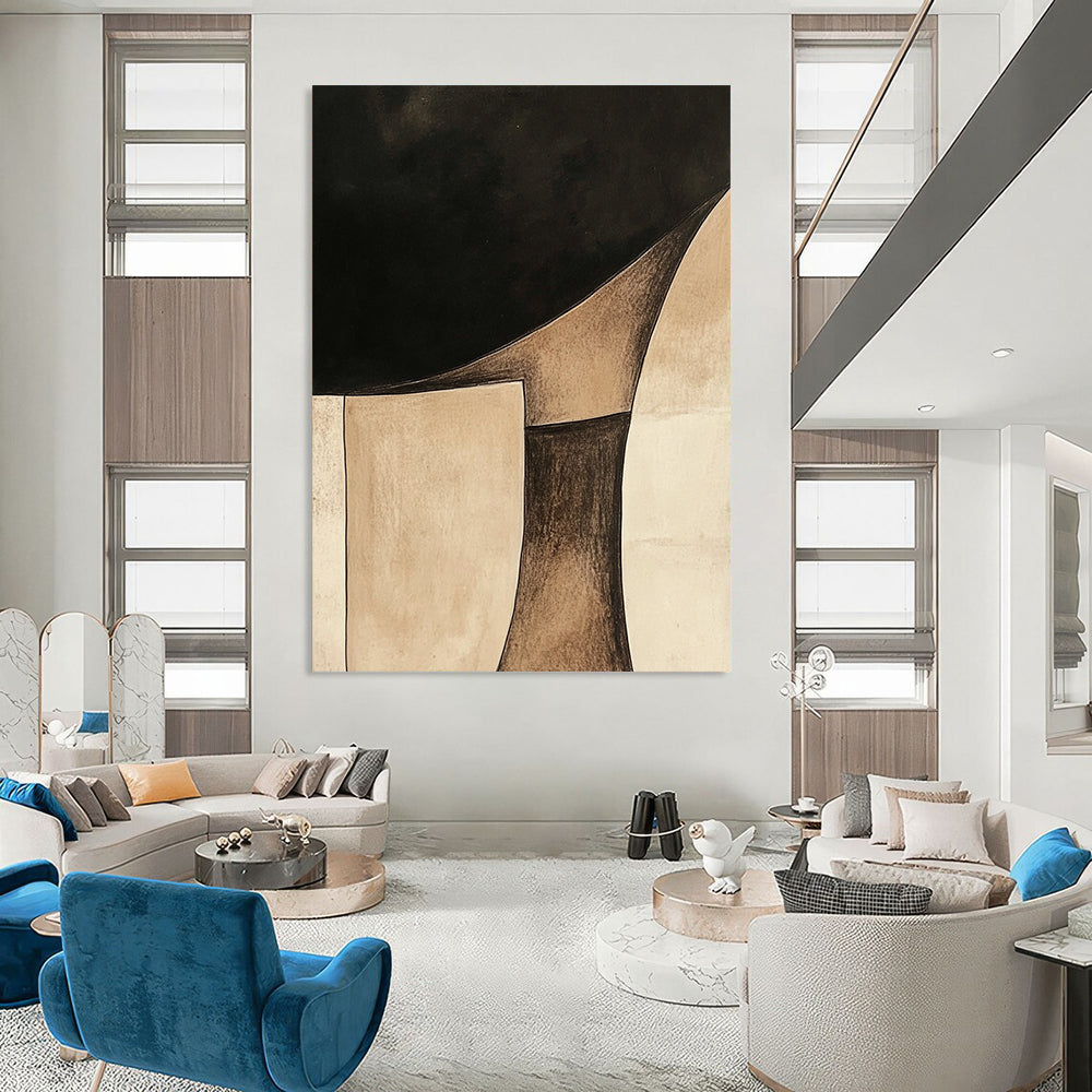 Contemporary hand-painted abstract art features minimalist Japandi style with beige and brown shapes on a black background and soft watercolor washes. DLZ1611