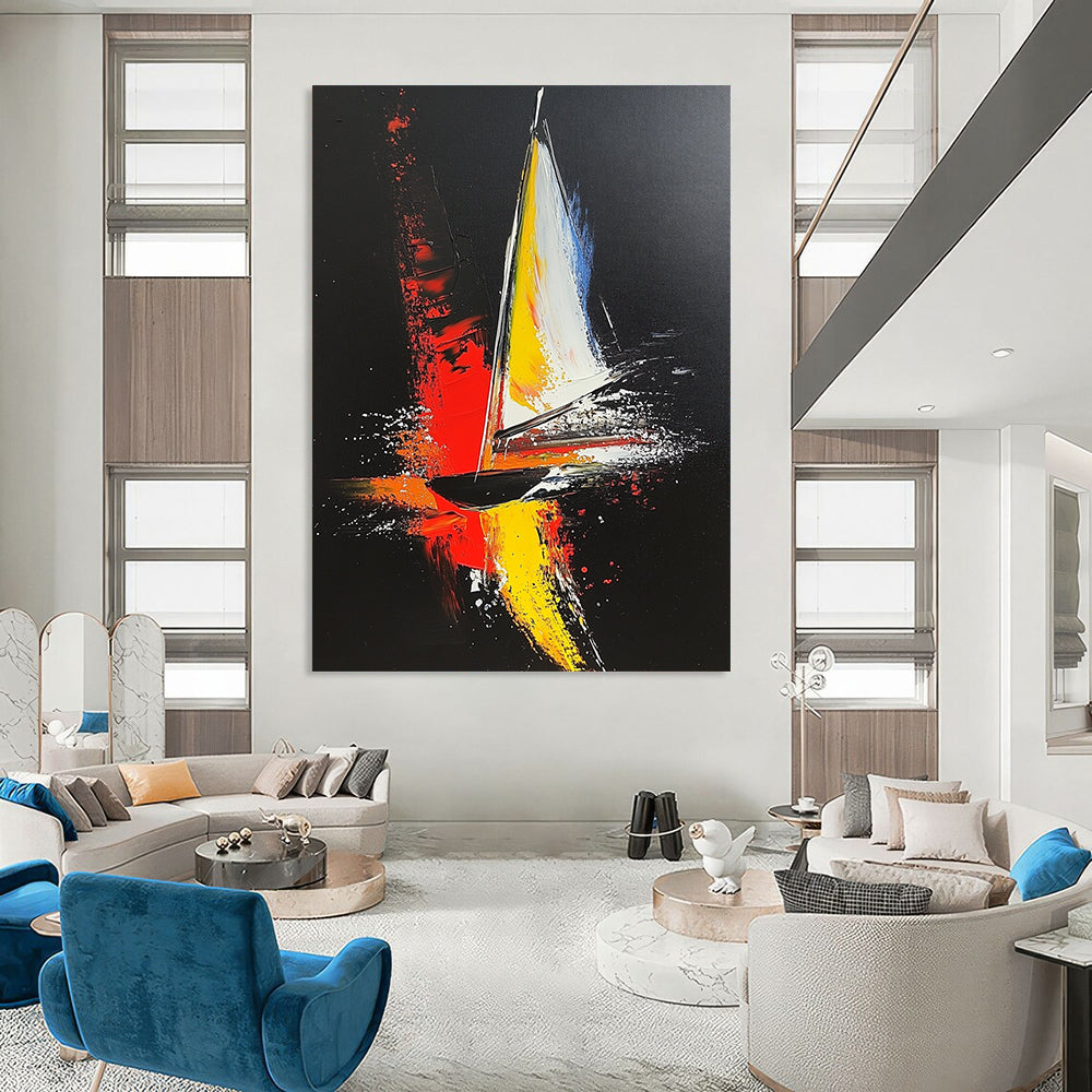 Contemporary hand-painted abstract artwork featuring a sailboat in bold red yellow and gray strokes against a striking black background with dynamic white highlights. DLZ1554