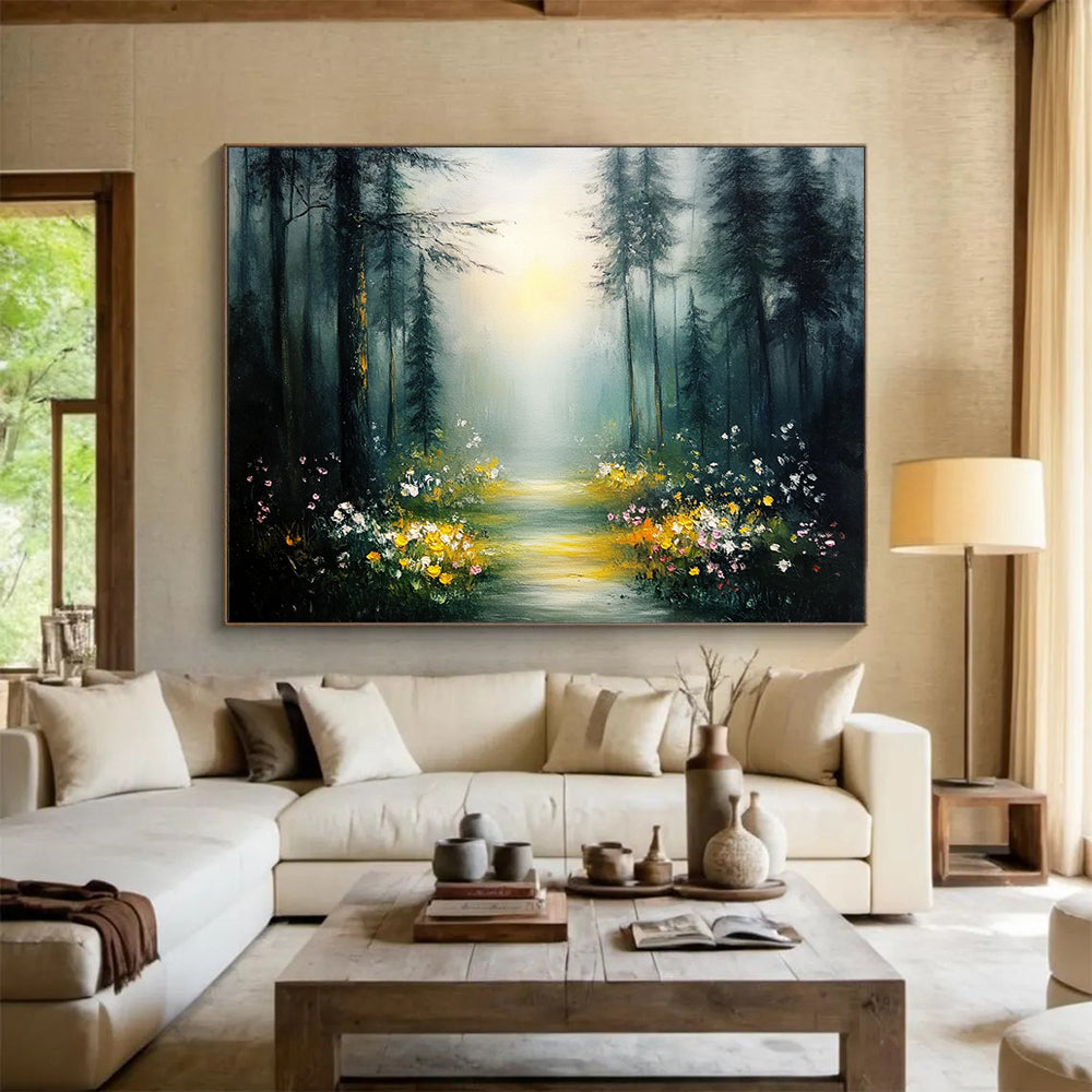 “Enchanted Forest Trail” - Vibrant Yellows, Pinks, Greens, Flower - Lined Forest Path - Whimsical Oil Painting HB1691