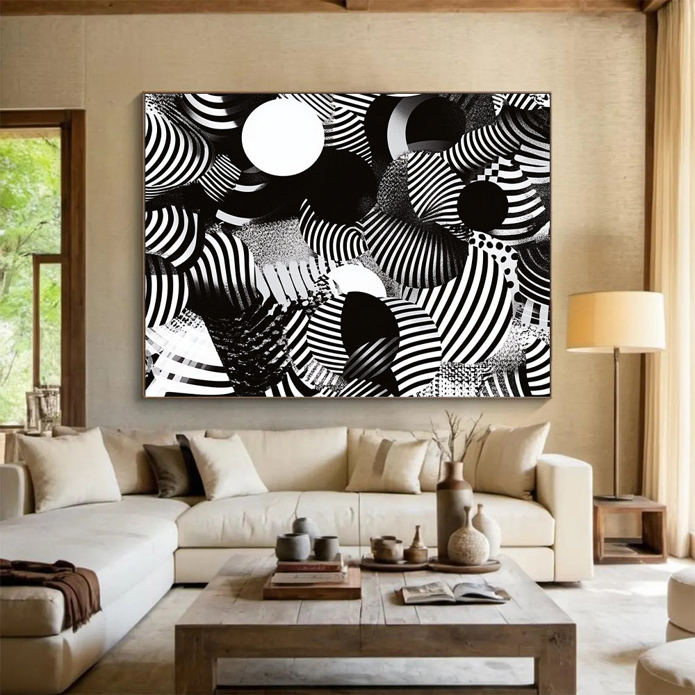 Black, White, Striped Spheres "Optical Illusion Spheres" Abstract Op - Art Painting On Canvas HB174