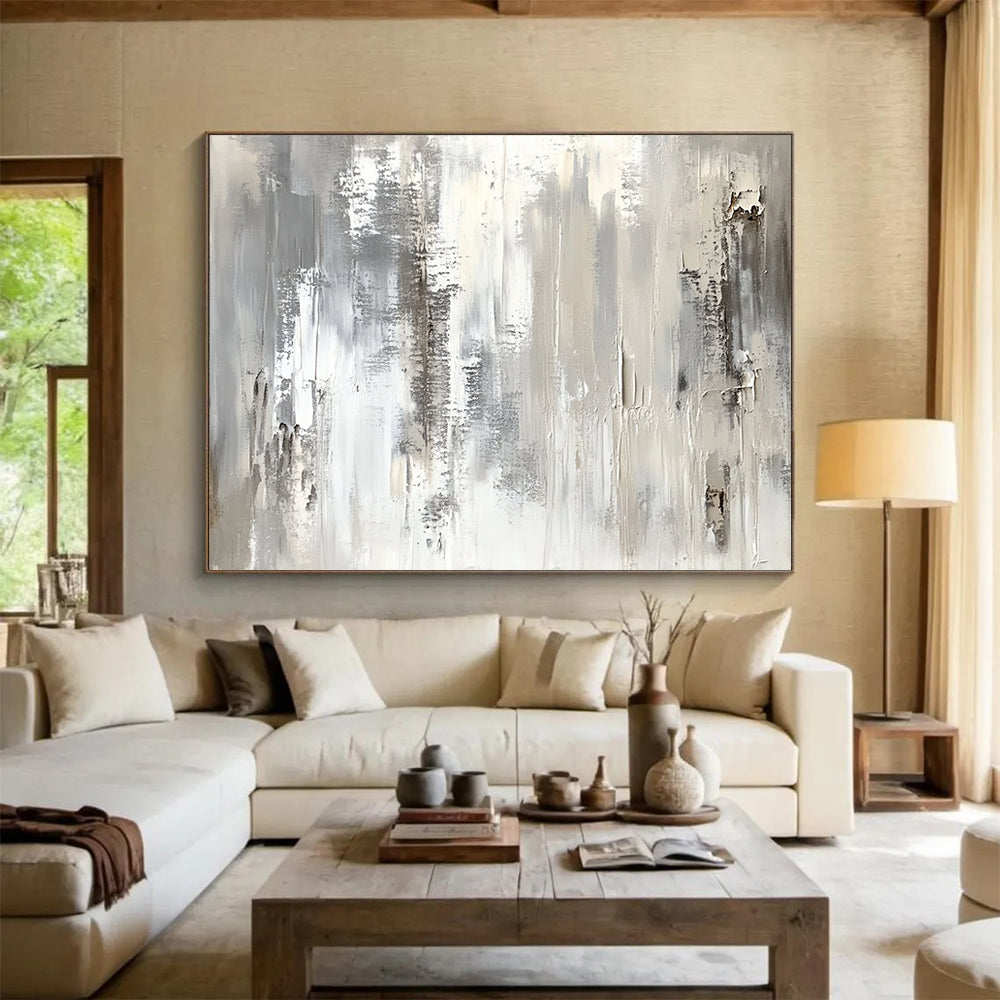“Monochrome Textured Abstract” - Gray, White, Textured Brushstrokes Painting On Canvas HB0886