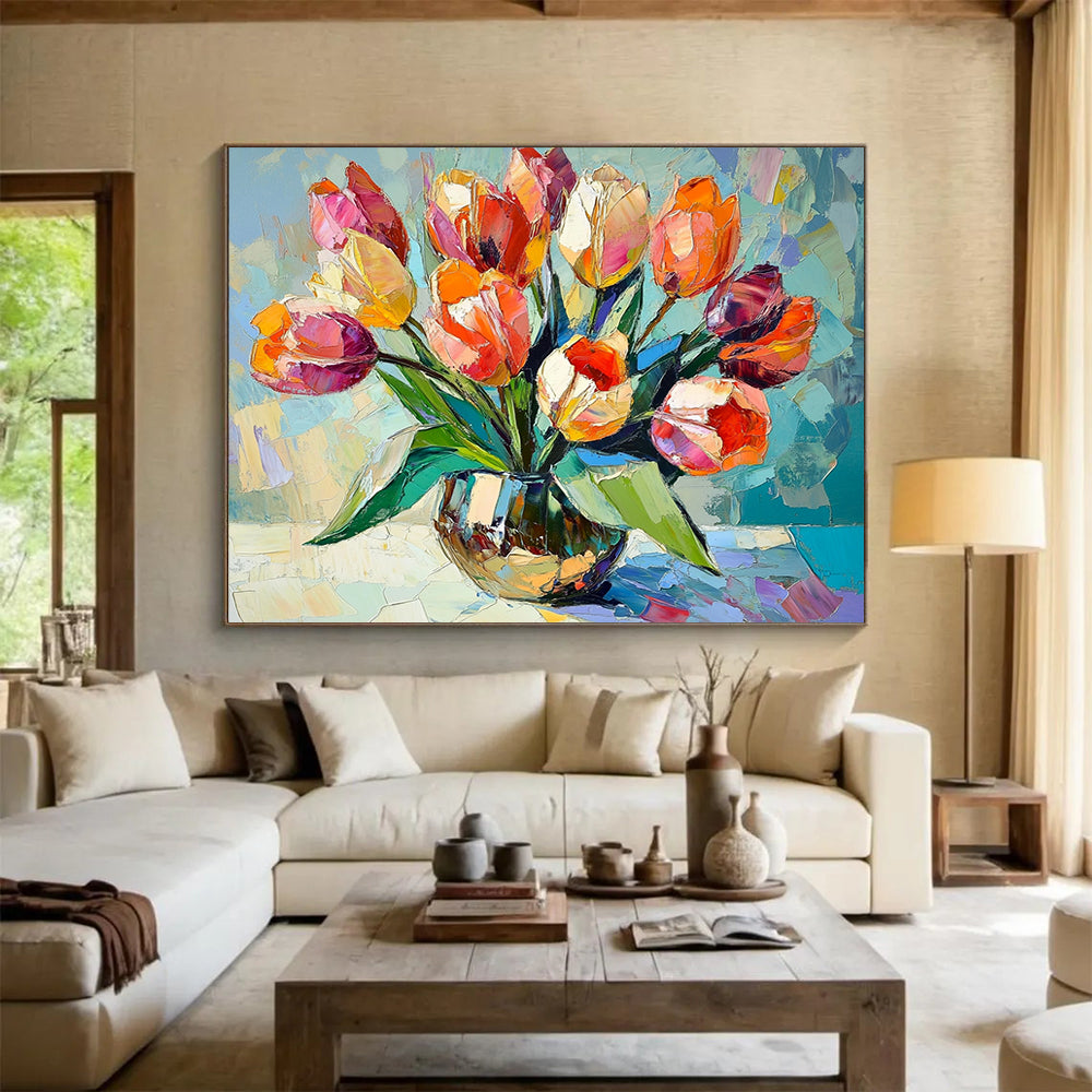 “Colorful Tulip Vase” - Vivid Oranges, Pinks, Purples, Lively Tulip Arrangement - Cubist - Inspired Oil Painting HB1723