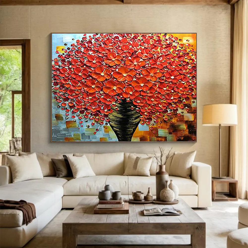 Textured Red Flower Tree - Striking Living Room or Dining Room Decor DLZ226