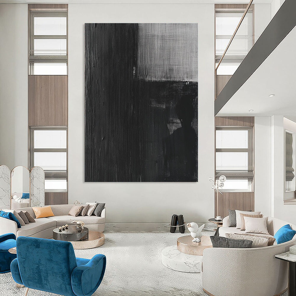 Contemporary abstract painting featuring a black and white oil depiction of an old film negative with a grainy eerie texture. DLZ1142