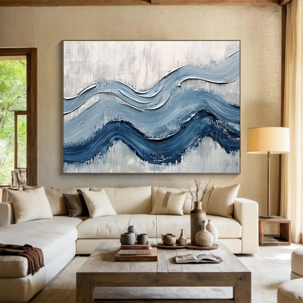 Textured Blue Waves on Gray - Impasto Abstract Painting On Canvas HB0490