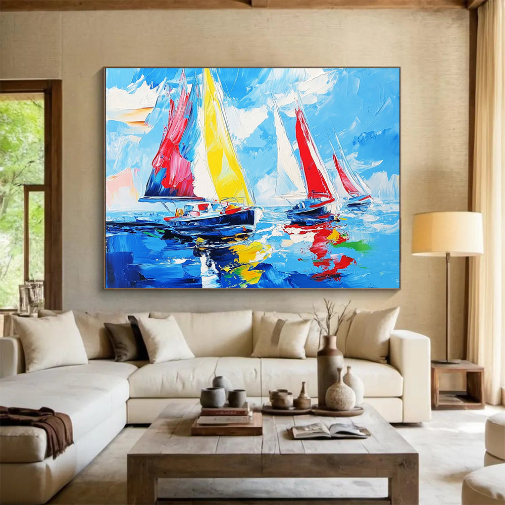 “Colorful Sailboat Race” - Bright Yellows, Reds, Blues, Sailboats on the Sea - Impasto Oil Painting HB1732