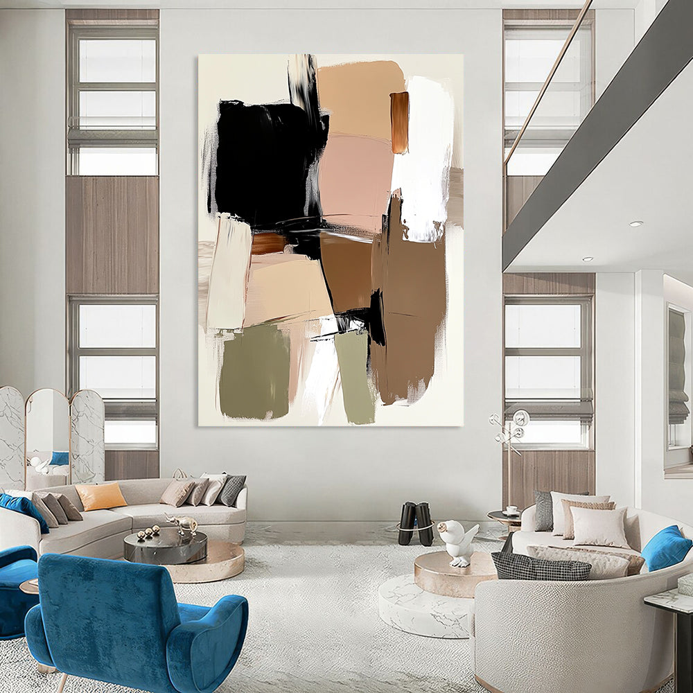 Contemporary hand-painted abstract art featuring loose brush strokes, large shapes, and a neutral background in beige and brown with accents of black, white, sage green, and pink. DLZ0557