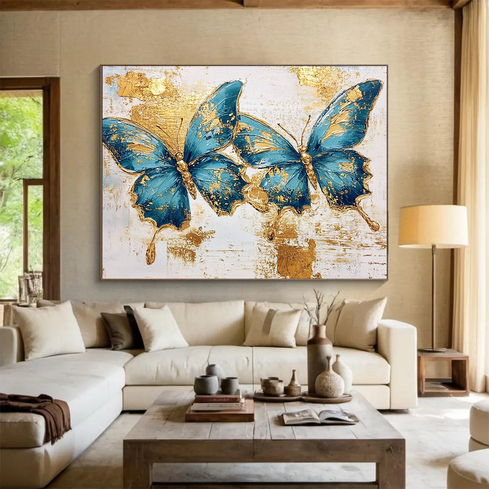 “Blue Butterflies With Gold” - Blue, Gold, White, Textured Floral - Animal Painting On Canvas HB0685