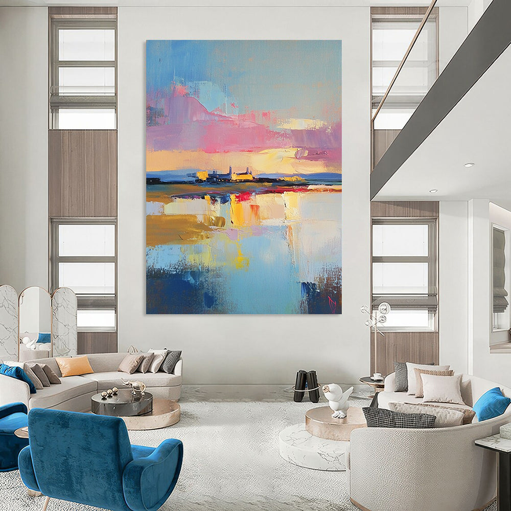 Contemporary abstract painting showcasing a dreamy oil-painted sky above an RAF base with vibrant scripted colors reflecting on water below. DLZ0660