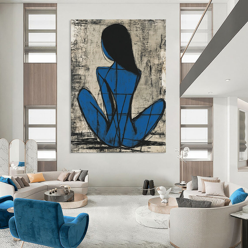Contemporary abstract painting featuring a blue female figure in Picasso style sitting gracefully with thick lines and simple shapes on a grayish-blue background. DLZ1156