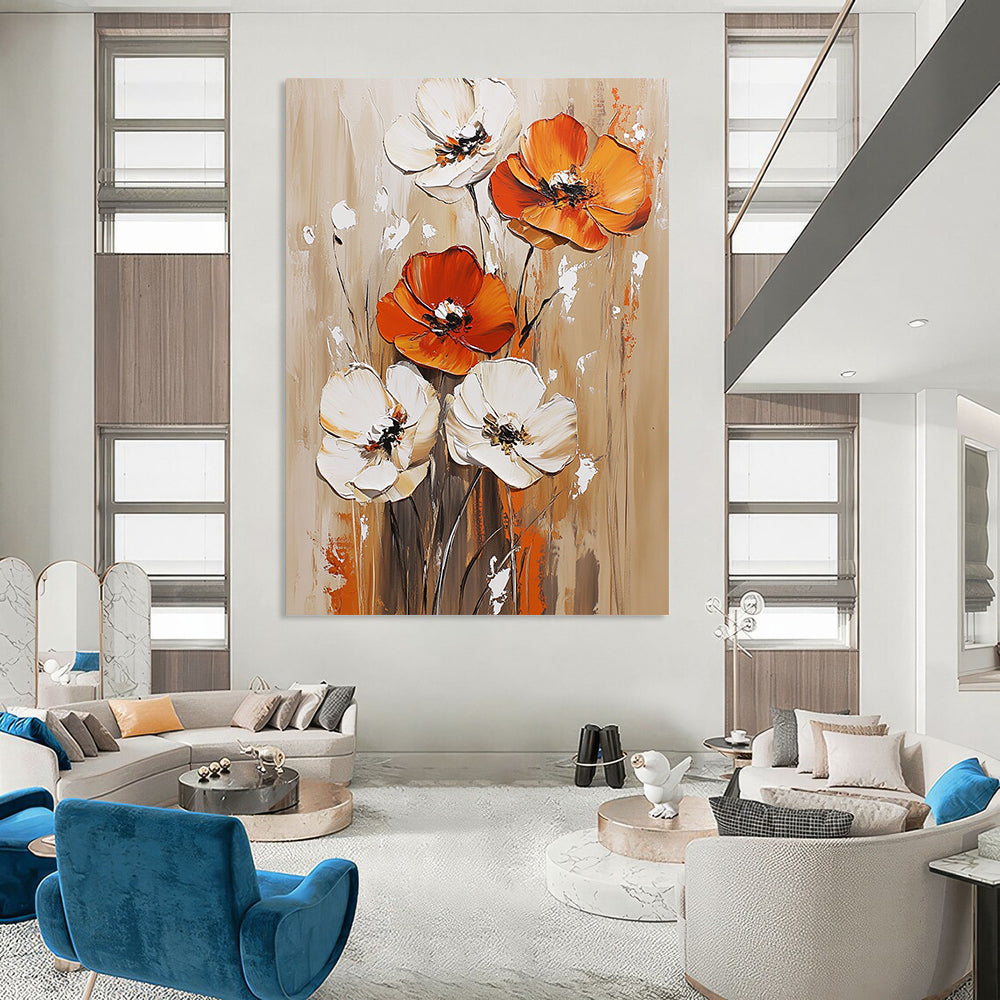 Contemporary hand-painted abstract artwork featuring vibrant orange and white flowers on a light brown background with rich accents in dark red and gold. DLZ0631