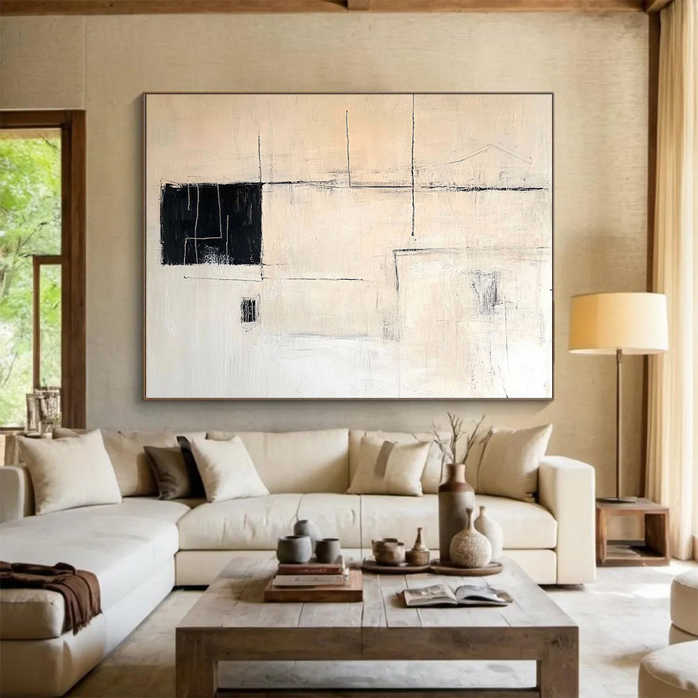“Minimalist Black - White Abstract” - Black, White with Geometric Lines - Painting On Canvas HB1386