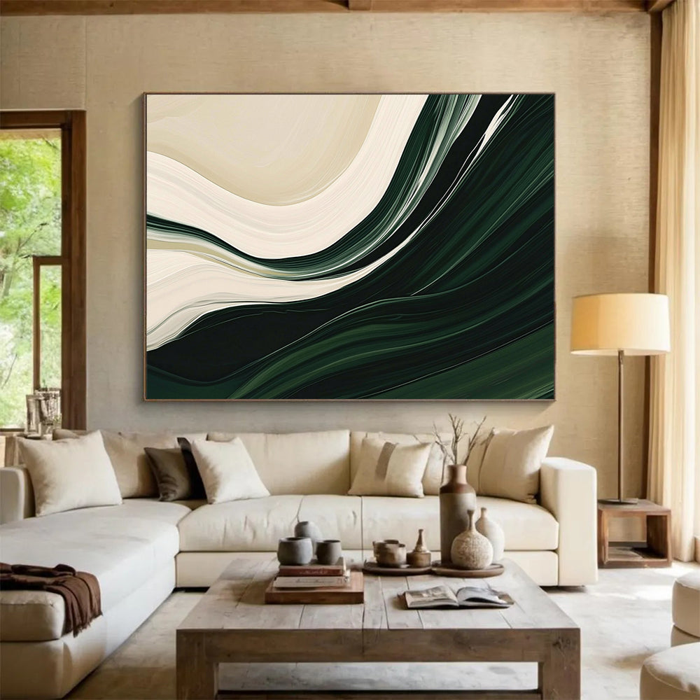 “Flowing Green and White Abstract” - Green, White, Curved Textures Painting On Canvas HB0889