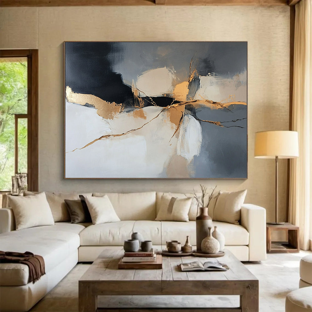 “Gilded Cracks” - Gray, Gold, Black, Abstract Textured Painting On Canvas HB1059
