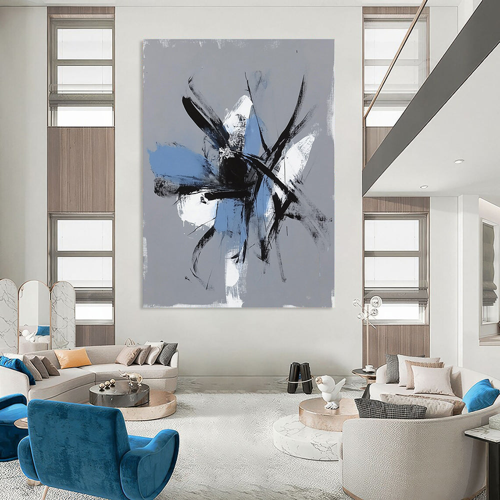Contemporary hand-painted abstract art featuring expressive brush strokes and chaotic figures on a gray background with light blue accents. DLZ0305