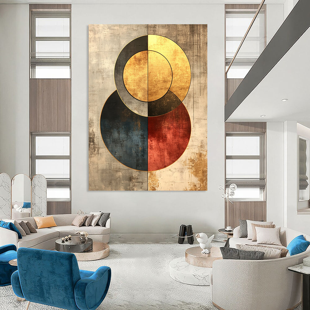 Contemporary hand-painted abstract art in gold and grey features retro circles with a grainy texture and minimalist background for timeless elegance. DLZ0266