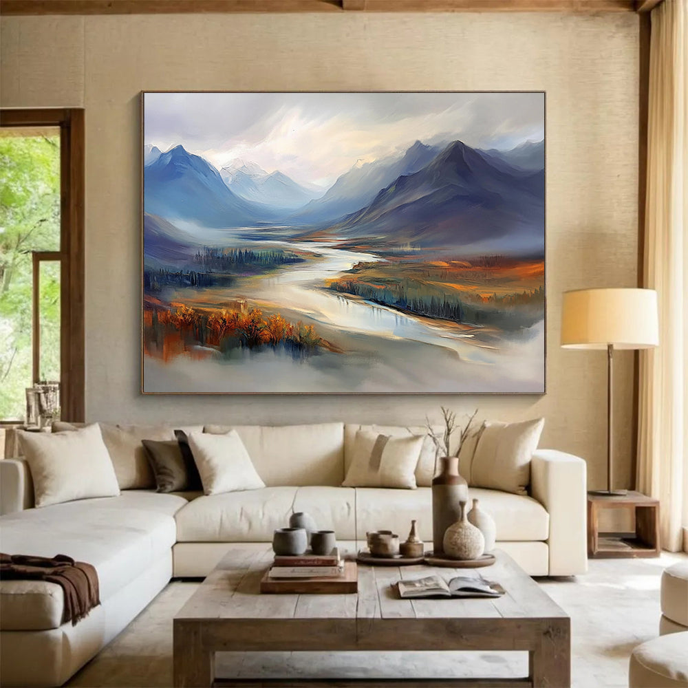 Misty Mountain Valley with River - Ethereal Landscape Painting On Canvas HB0452
