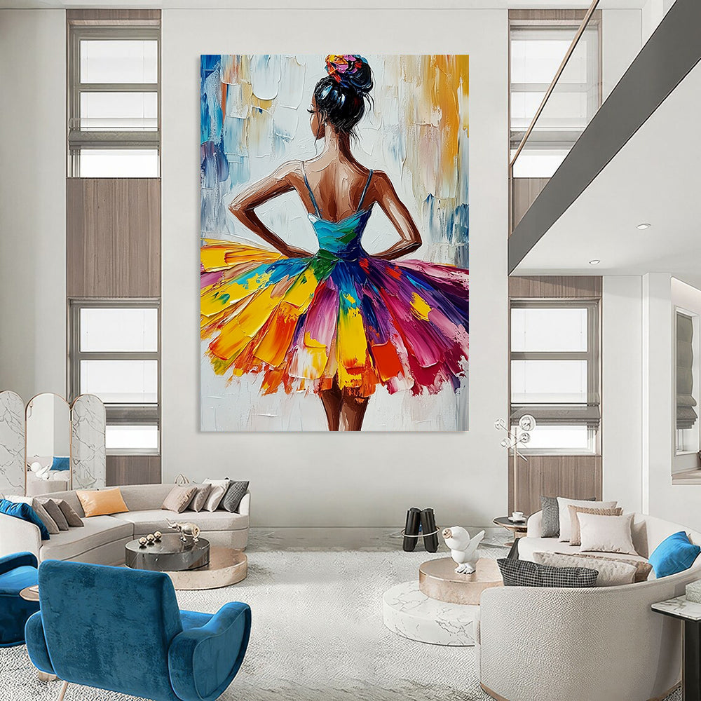 Vibrant contemporary abstract art featuring an African American ballerina in a colorful tutu with expressive brushstrokes on a textured white canvas. DLZ1118